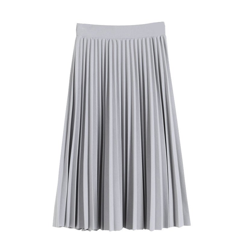 Gray pleated midi skirt with vertical pleats and elastic waistband