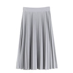 Gray pleated midi skirt with vertical pleats and elastic waistband