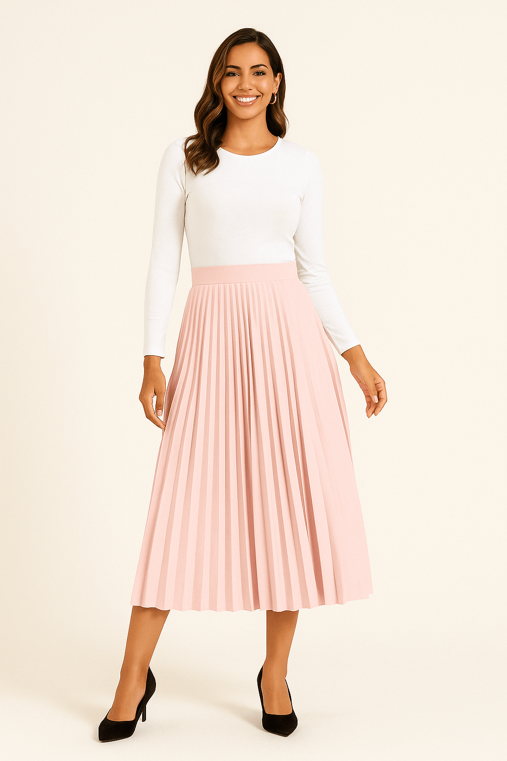Pleated midi skirt in pink with vertical pleats and elastic waistband