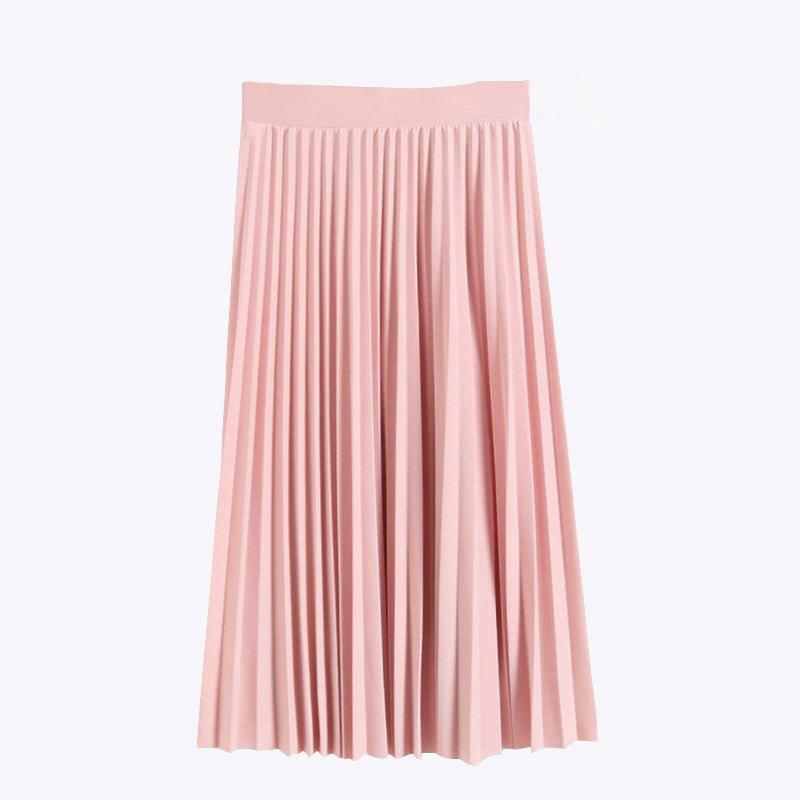 Pink pleated midi skirt with vertical pleats and elastic waistband