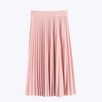 Pink pleated midi skirt with vertical pleats and elastic waistband