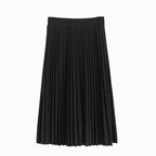 Black pleated midi skirt with vertical pleats and elastic waistband