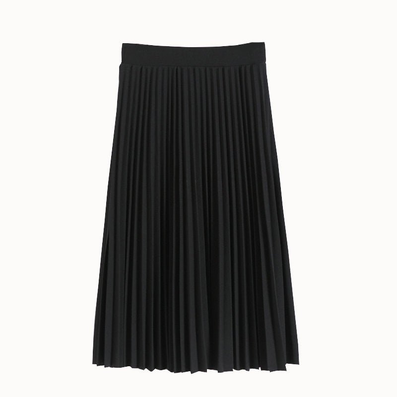 Black pleated midi skirt with vertical pleats and elastic waistband