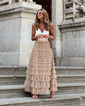 Tulle maxi skirt with tiered ruffle layers in beige, full-length, elastic waistband
