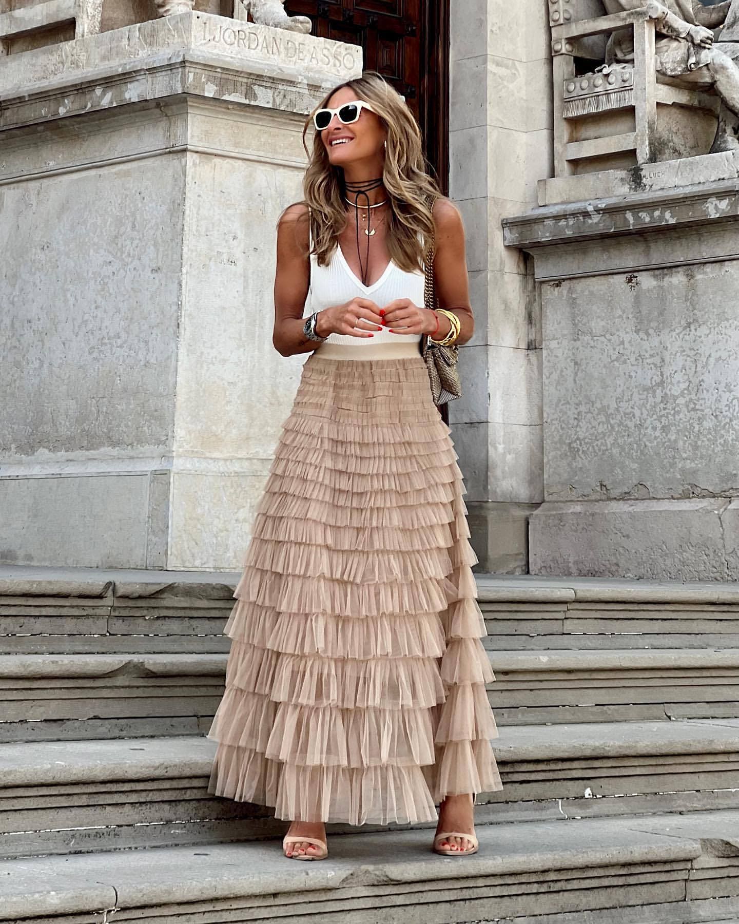 Tulle maxi skirt with tiered ruffle layers in beige, full-length, elastic waistband