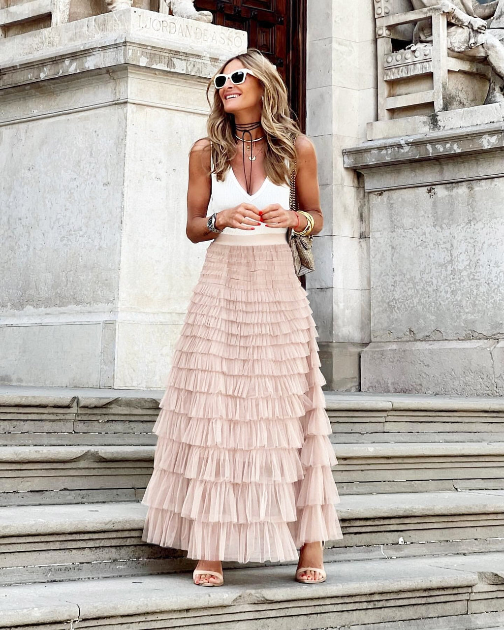 Tulle maxi skirt with tiered ruffle layers in light beige, full-length, elastic waistband
