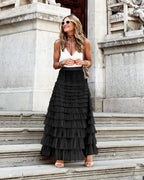 Tulle maxi skirt with tiered ruffle layers in black, full-length, elastic waistband