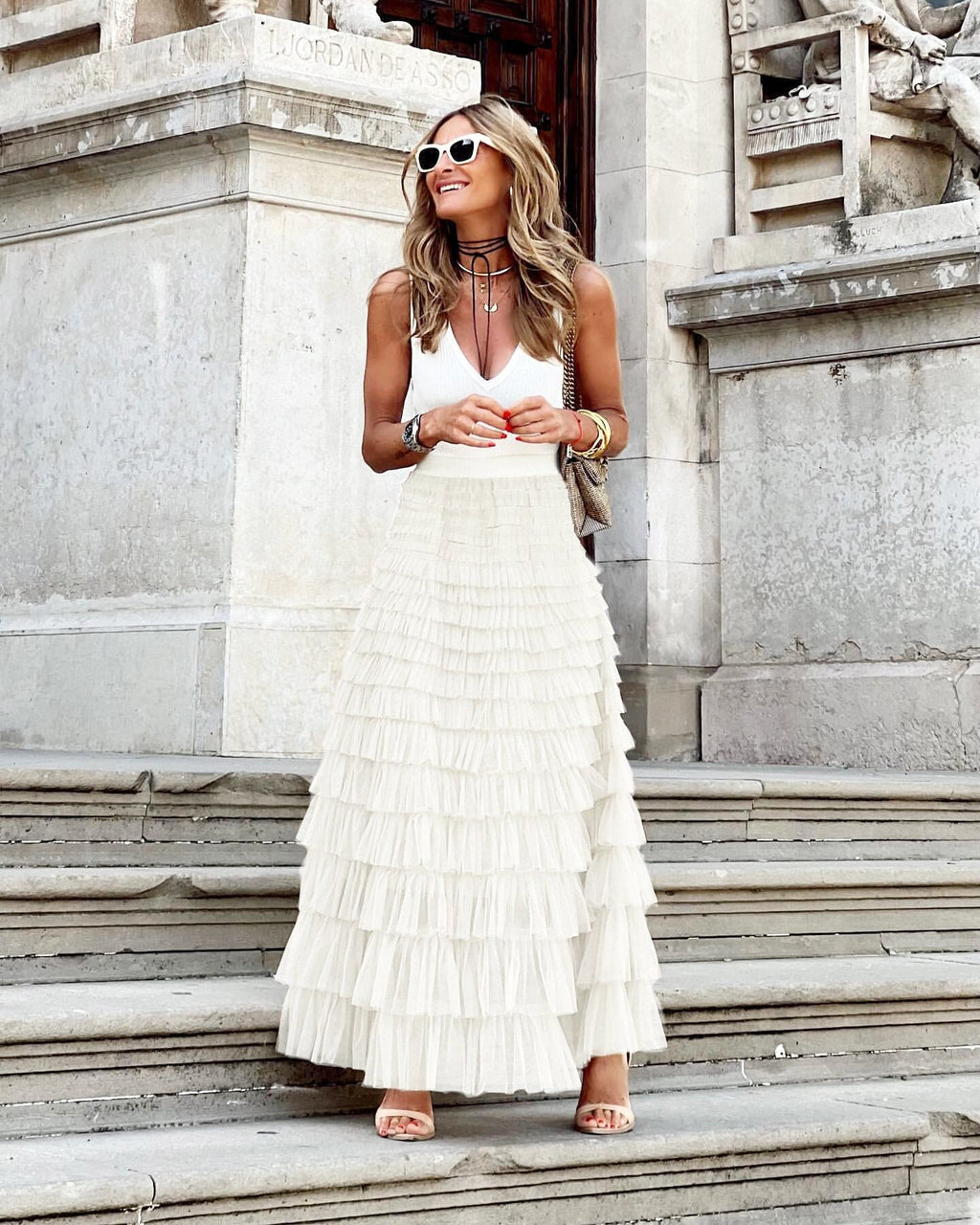 Tulle maxi skirt with tiered ruffle layers in white, full-length, elastic waistband