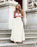 Tulle maxi skirt with tiered ruffle layers in white, full-length, elastic waistband