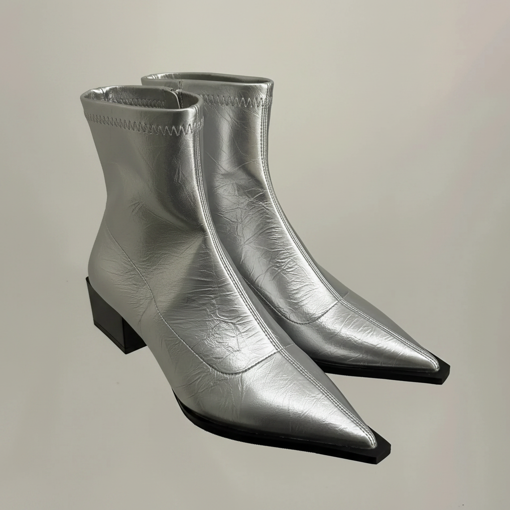 Silver pointed-toe ankle boots with tapered design and low square heels