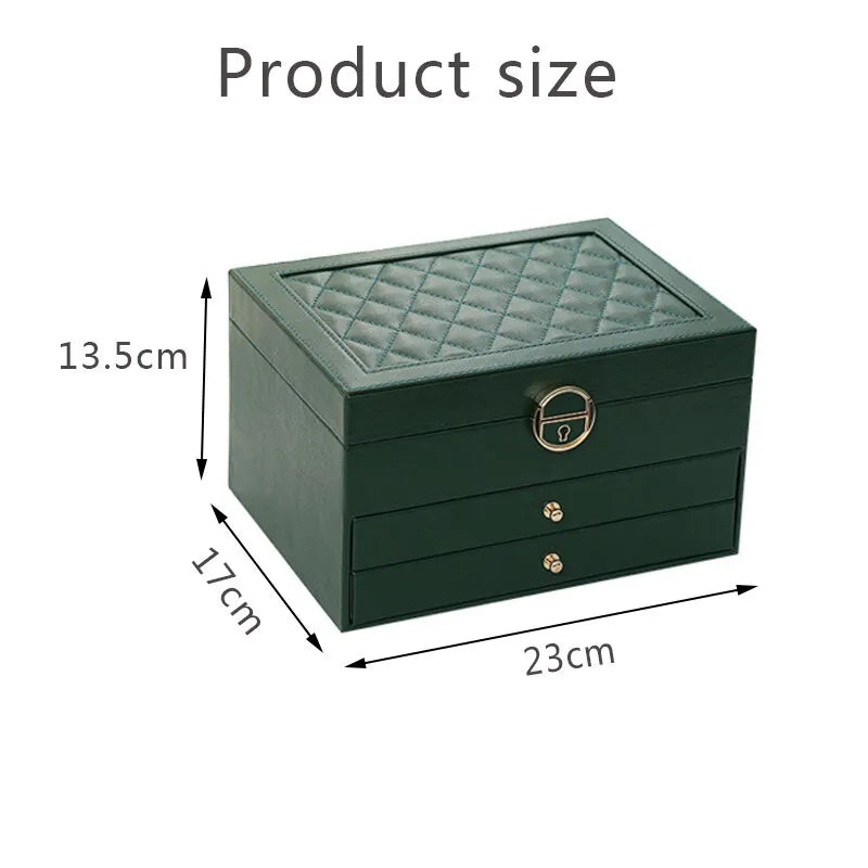 Green multilayer leather jewelry box size approx 23 x 17 x 13.5 cm