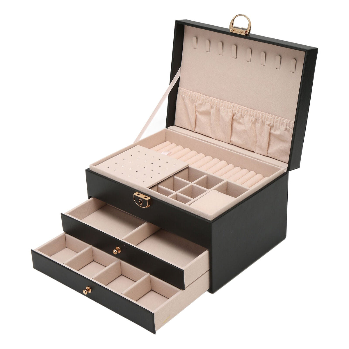 Black leather jewelry box open with white organizer trays and ring compartments