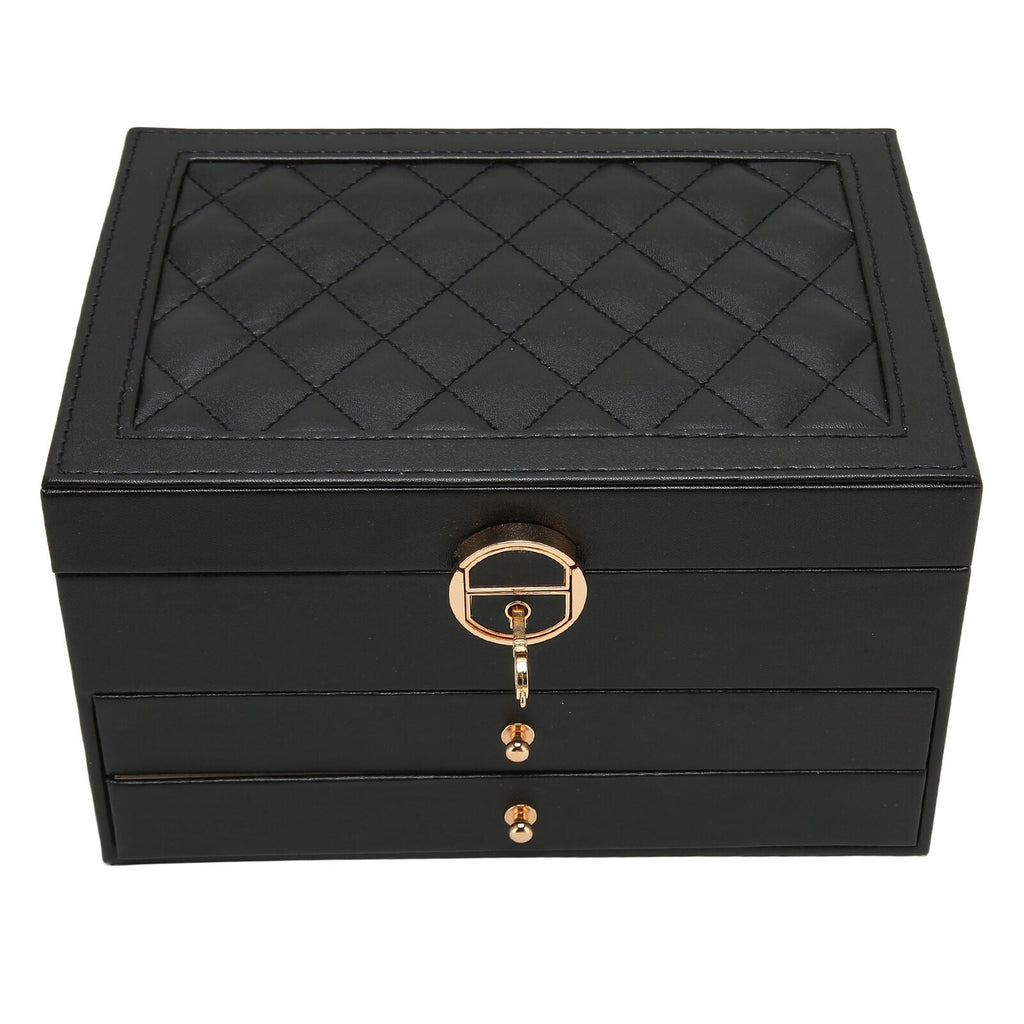 Black leather jewelry box with quilted top and round gold key lock