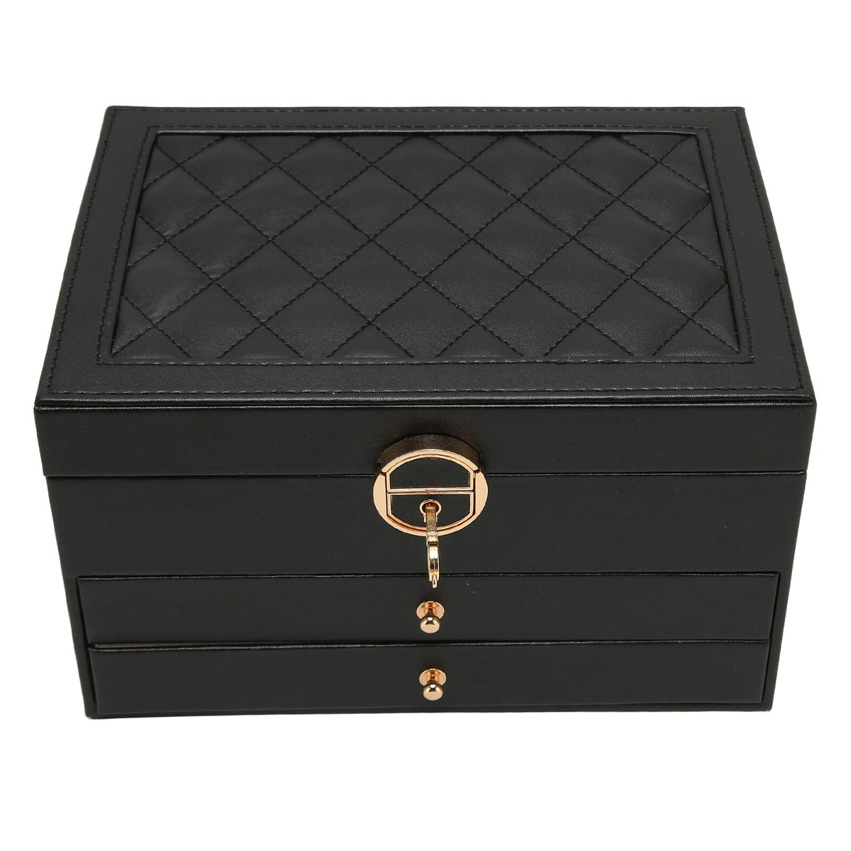 Black leather jewelry box with quilted top and round gold key lock