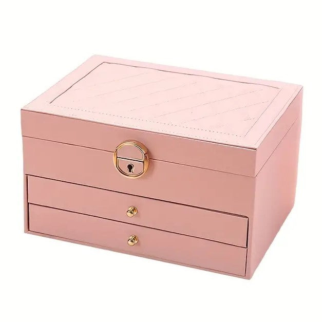 Pink multilayer leather jewelry box with quilted lid, gold lock, and two drawers