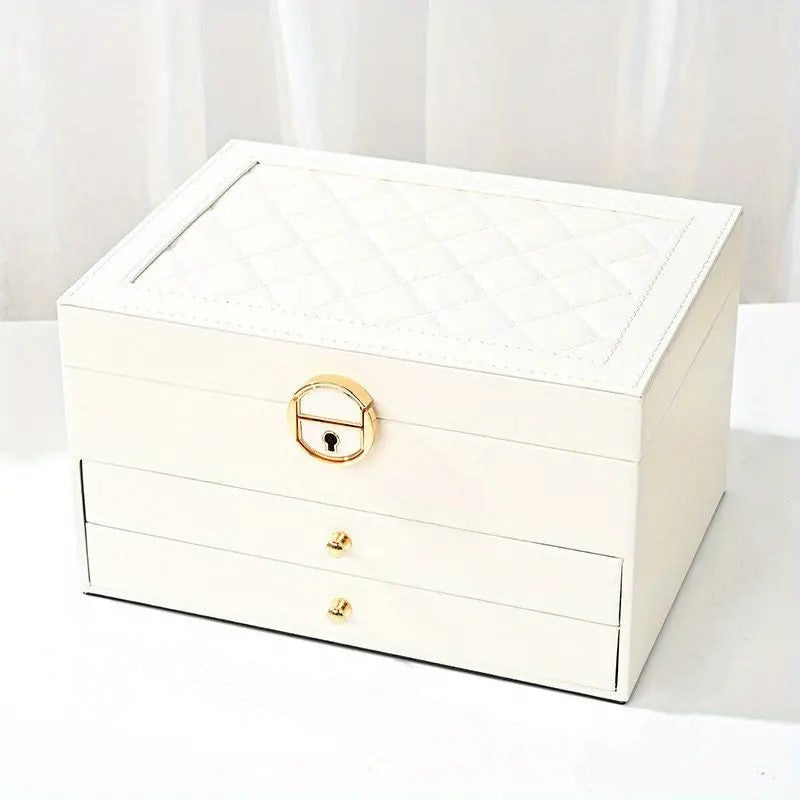White multilayer leather jewelry box with quilted lid, gold lock, and two drawers