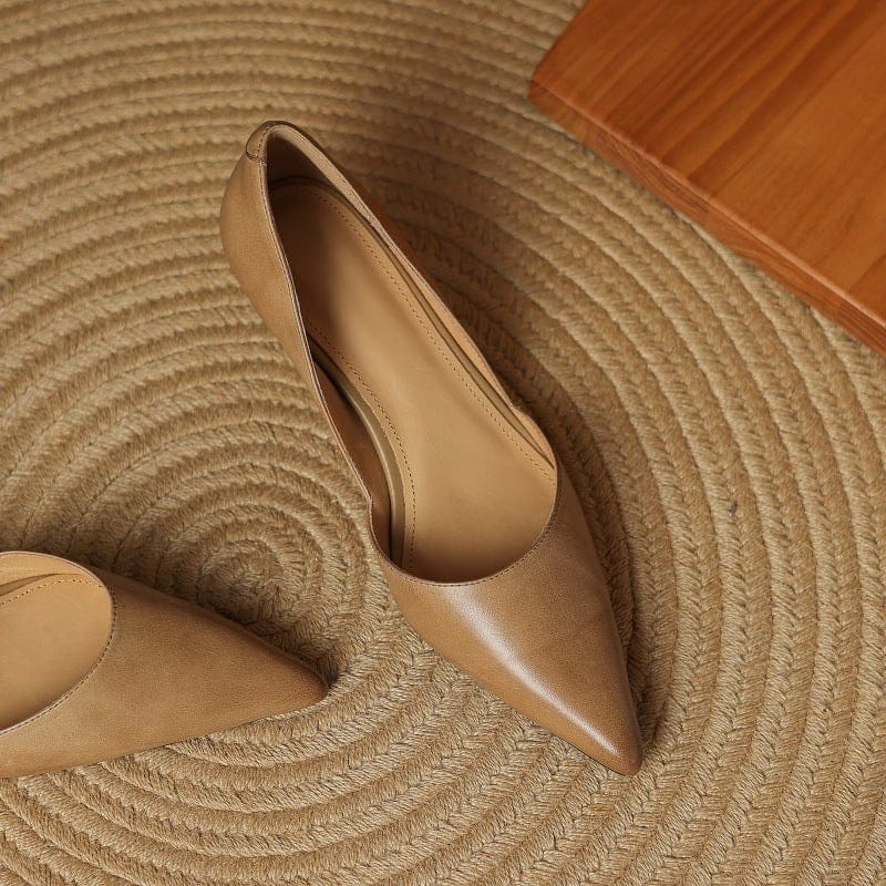 Camel pointed-toe kitten heels with low block heel and smooth upper