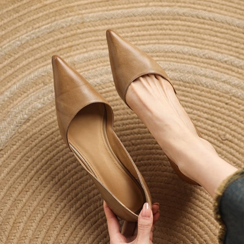 Camel pointed-toe kitten heels with low block heel and smooth uppers