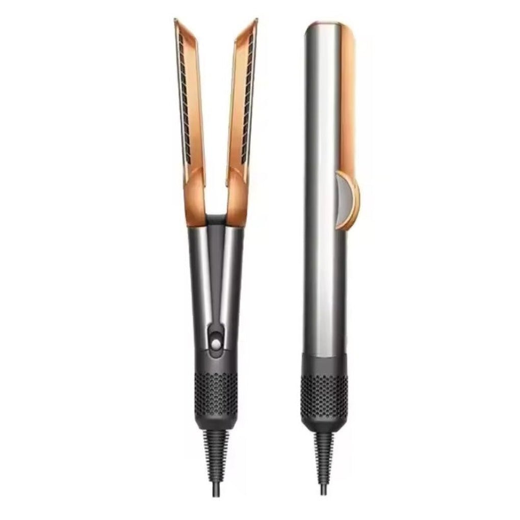 2-in-1 hair dryer and straightener, silver body with black grip and dual styling plates