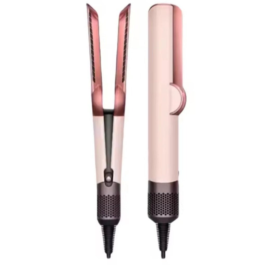 2-in-1 hair dryer and straightener, pink body with black grip and dual styling plates
