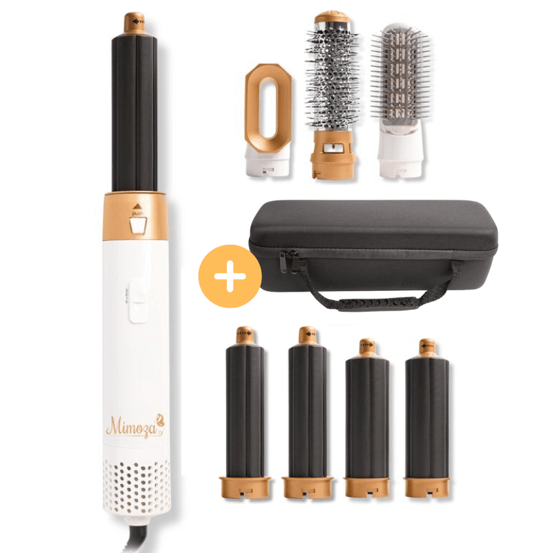 Hair dryer brush styler with gold accents, white body, and multiple barrel and brush attachments
