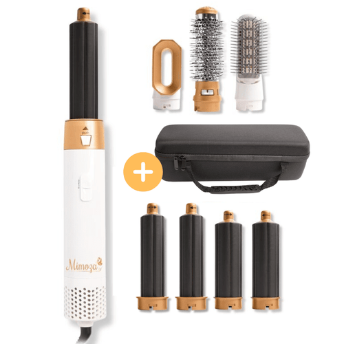 Hair dryer brush styler with gold accents, white body, and multiple barrel and brush attachments