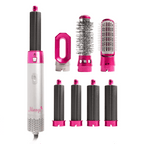 Hair dryer brush styler set with pink accents, white handle, and multiple brush attachments