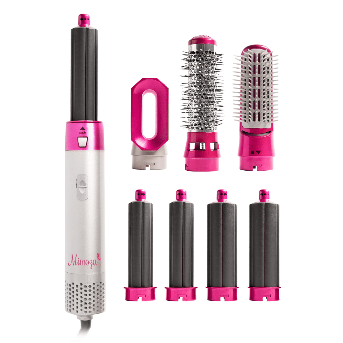 Hair dryer brush styler set with pink accents, white handle, and multiple brush attachments