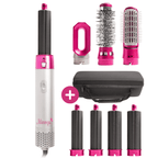 Hair dryer brush styler set with pink handle, brush heads, and black zip storage case