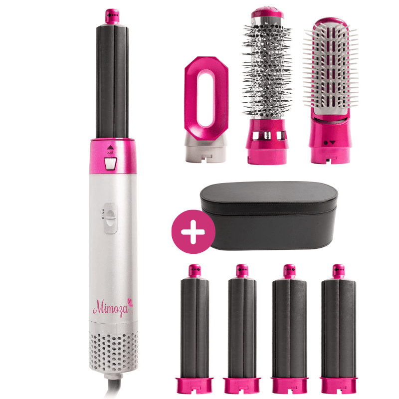 Pink and white hair dryer brush kit with round brush heads and black storage case
