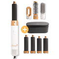 Hair dryer brush styler with white body, gold accents, and black storage case