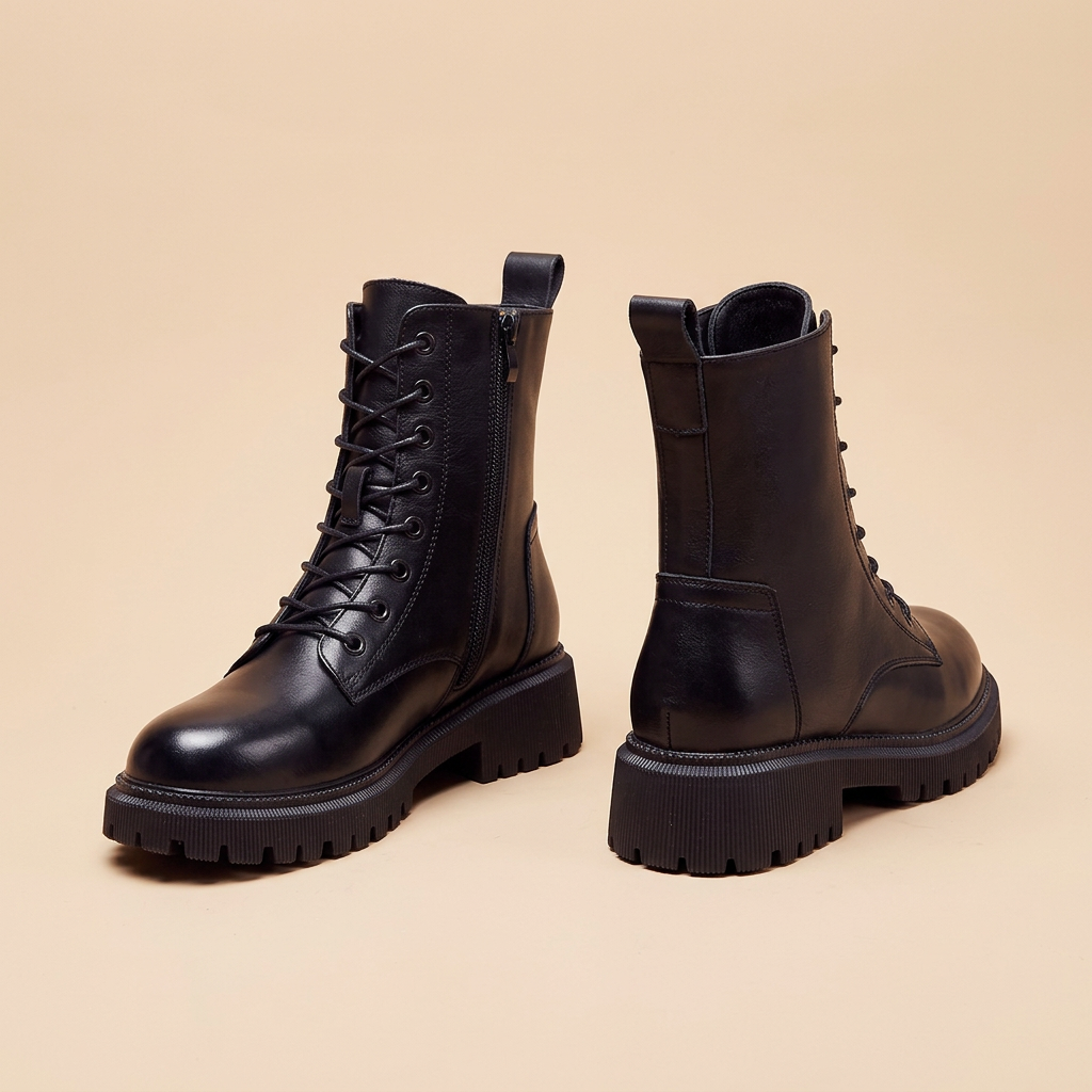 Womens black fleece-lined ankle boots, lace-up round toe, chunky lug sole