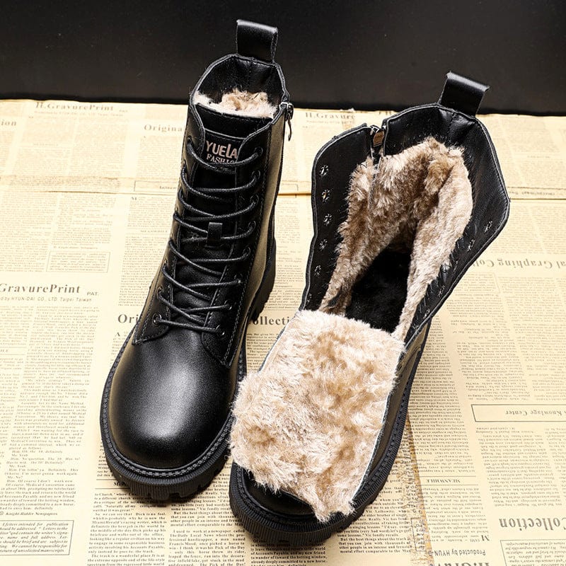 Black lace-up winter ankle boots with faux-fur lining and padded collar