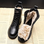 Black lace-up winter ankle boots with faux-fur lining and padded collar