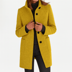 Women's straight-cut button-front coat, mustard yellow with side pockets and dark cuffs