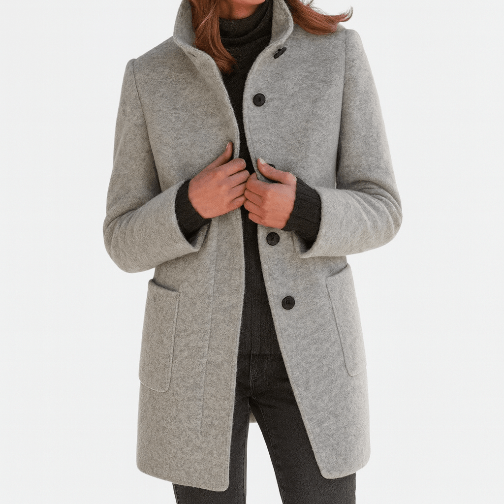 Women’s straight-cut button-front coat in heather gray with notch collar and patch pockets.