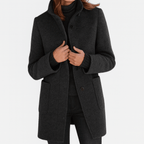 Women’s straight-cut button-front coat in dark gray with notch collar and patch pockets.