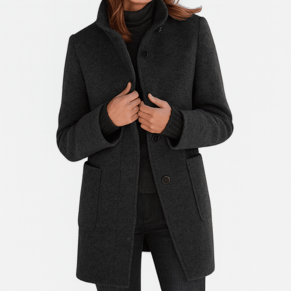 Women’s straight-cut button-front coat in dark gray with notch collar and patch pockets.