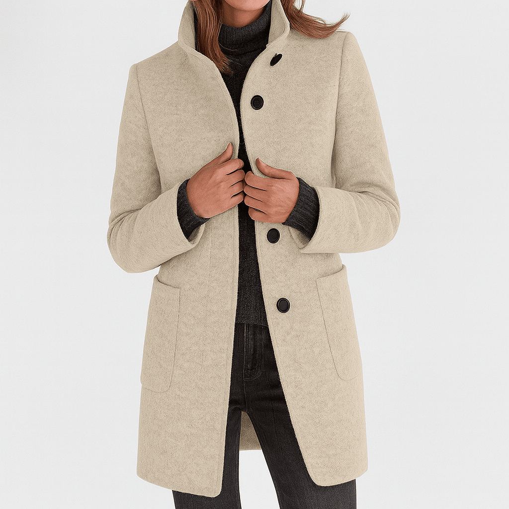 Women’s straight-cut button-front coat in light gray with notch collar and patch pockets.
