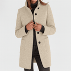 Women’s straight-cut button-front coat in light gray with notch collar and patch pockets.