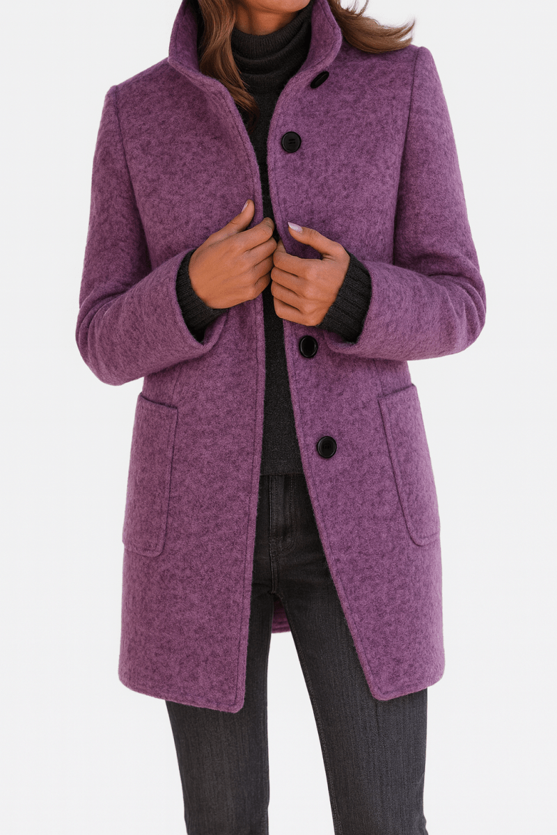 Women’s straight-cut button-front coat in purple with notch collar and patch pockets.