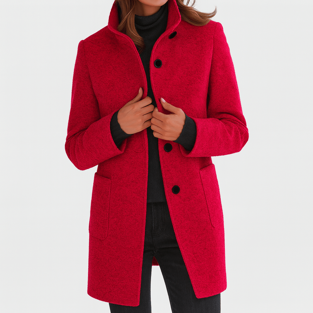 Women’s straight-cut button-front coat in red with notch collar and patch pockets.