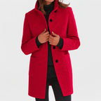Women’s straight-cut button-front coat in red with notch collar and patch pockets.