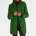 Women’s straight-cut button-front coat in green with notch collar and patch pockets.