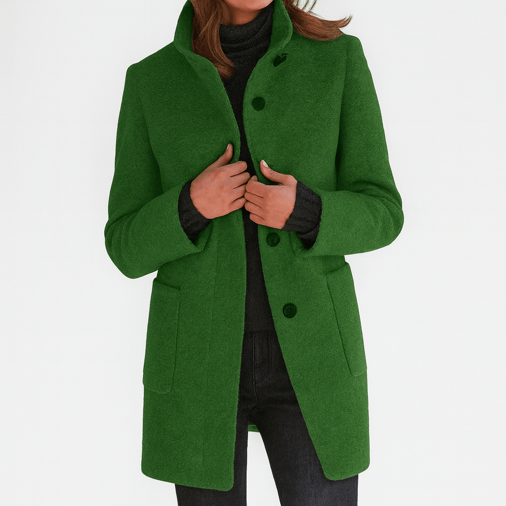 Women’s straight-cut button-front coat in green with notch collar and patch pockets.