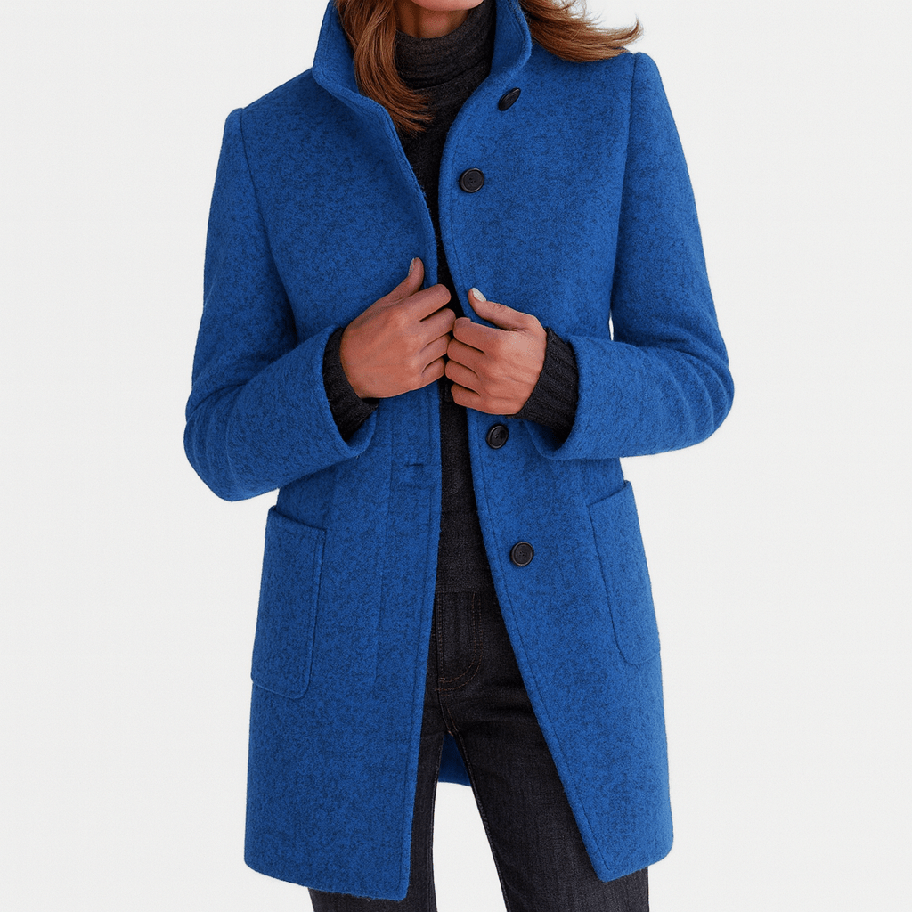 Women’s straight-cut button-front coat in bright blue with notch collar and patch pockets.