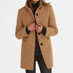 Women’s straight-cut button-front coat in tan with notch collar and patch pockets.