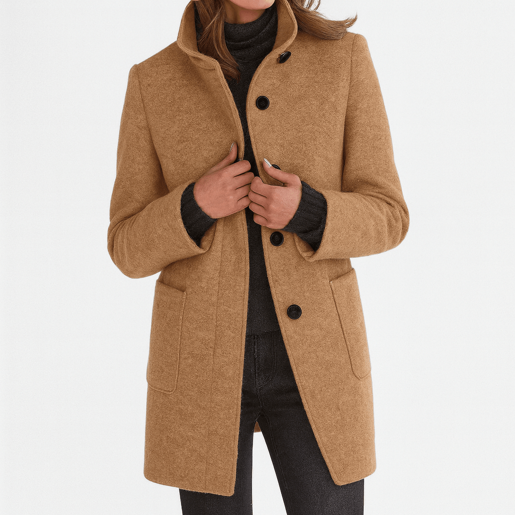 Women’s straight-cut button-front coat in tan with notch collar and patch pockets.