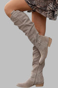 Khaki tall slouch boots with buckle strap detail and block heel