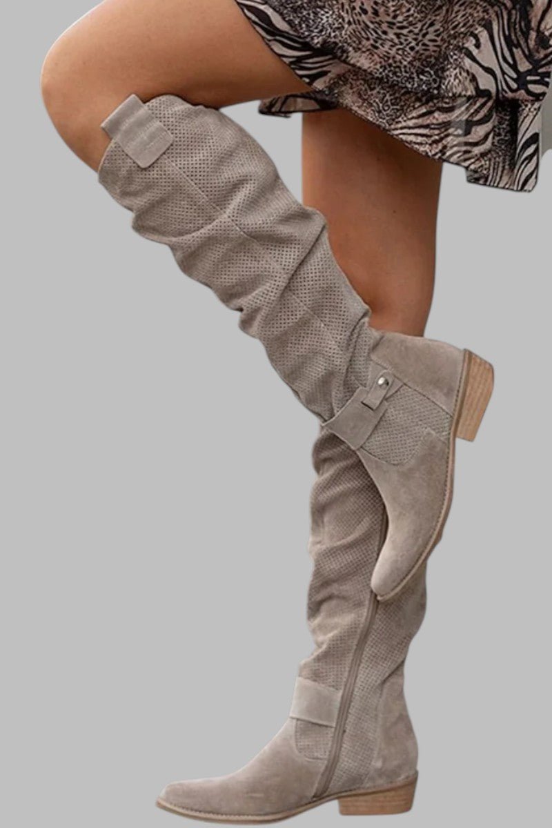 Khaki tall slouch boots with buckle strap detail and block heel